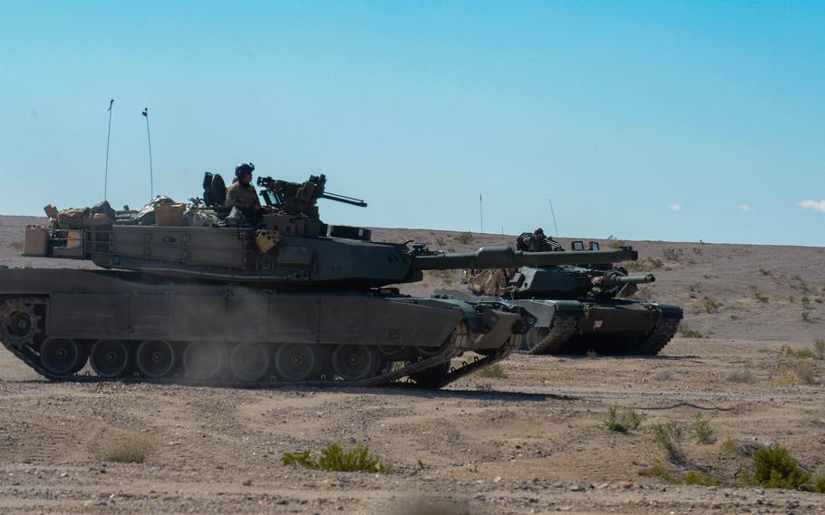 Soldiers with the 2nd Battalion, 69th Armor Regiment of the 3rd Infantry Division’s 2nd Armored Brigade Combat Team operate a M1A2 SEPv3 Abrams tanks, the Army’s most modern main battle tank, on Feb. 27, 2023, while training at Fort Irwin, Calif.’s National Training Center. 