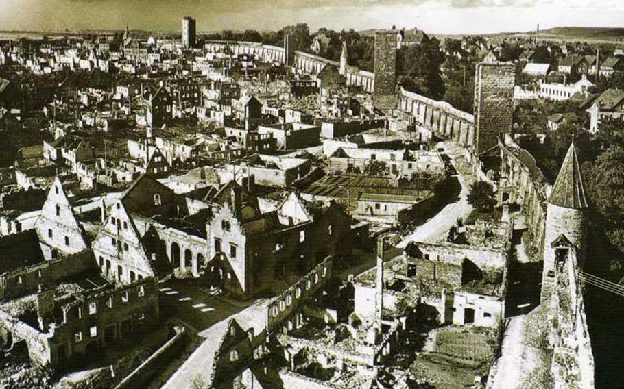 A historical photo of the bombed old town of Rothenburg ob der Tauber, Germany