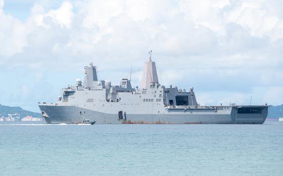The fire-damaged USS New Orleans departs White Beach Naval Facility, Okinawa, Aug. 28, 2025.