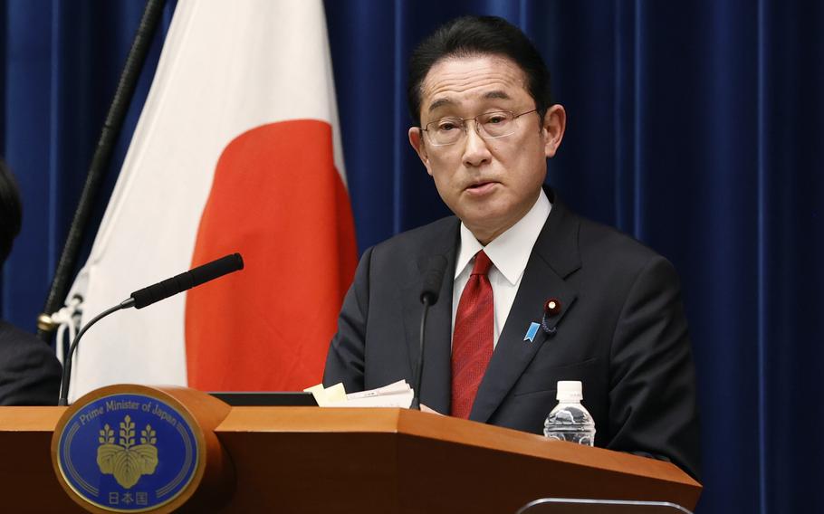 Japan's Prime Minister Fumio Kishida speaks during a news conference at the prime minister's official residence on April 8, 2022. Kishida and visiting U.S. lawmakers reaffirmed their commitment to working together under a longstanding bilateral alliance on Saturday, April 16, amid heightened global tensions spanning the war in Ukraine to threats from neighboring China and North Korea.