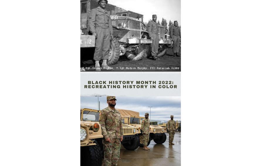 Sgt. Xavier Lewis, a wheeled vehicle mechanic, Sgt. Samuel Eseyin, a power-generation specialist, and Pfc. Nana Gyasi, a construction equipment repairer (left to right, in the color photo), of the 16th Combat Aviation Brigade, re-create a historic photo of Red Ball Express truck drivers Tech. Sgt. Serman Hughes, Tech. Sgt. Hudson Murphy, and Pfc. Zacariah Gibbs during World War II. 