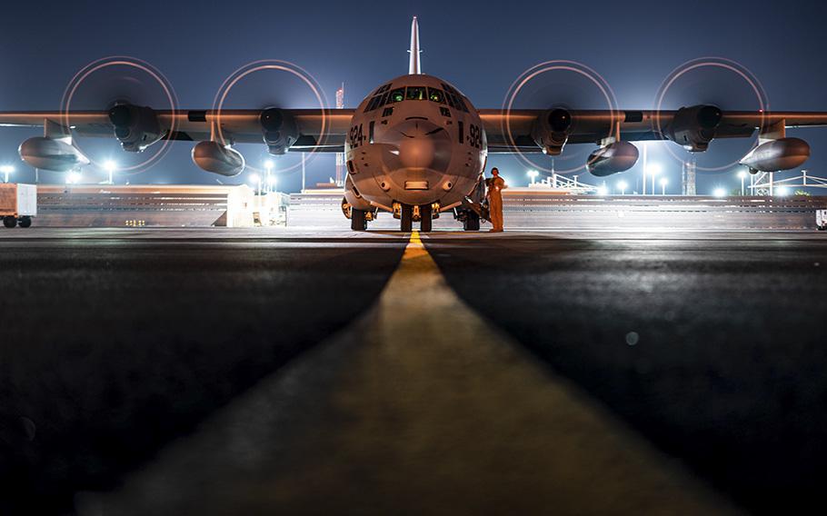 A U.S. Marine Corps KC-130J Super Hercules prepares for takeoff at Camp Lemonnier, Djibouti, on May 2, 2023.