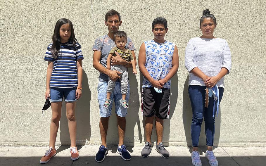 Many migrants have fallen ill and are left with limited access to health care while waiting at the U.S.-Mexico border. Soon after Rosa Viridiana Ceron Alpizar, right, and her family, including her brother Angel, second from right, and her partner Pablo, arrived at a temporary migrant shelter in Ciudad Juarez, Mexico, in June, her 9-year-old daughter and 1-year-old son got sick. 