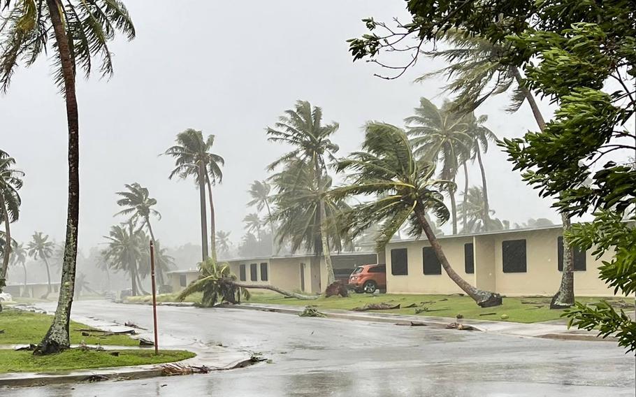 Typhoon Mawar toppled trees at Andersen Air Force Base, Guam, where it arrived with winds of about 150 mph on Wednesday, May 24, 2023.