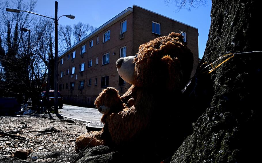 A stuffed animal is part of a memorial in March where a killing took place in Washington, D.C.
