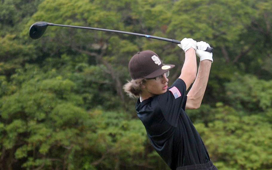 Kadena's Carter Johnson tees off on the 246-yard, par-4 fifth hole at Banyan Tree Golf Course, Kadena Air Base, during Thursday's golf matches. The defending island champion placed first with 22 points using the modified Stableford scoring system.