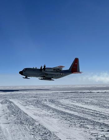 A LC-130 Skibird takes off Nov. 25, 2022, from the Amundsen-Scott South Pole Station after being repaired at the scientific research facility on Antarctica.