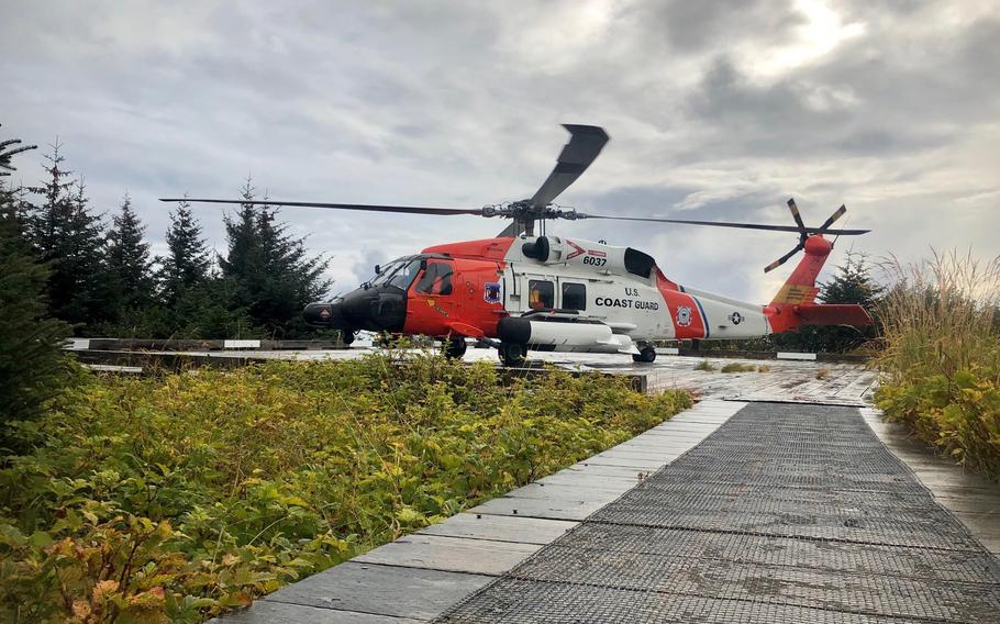 A Coast Guard MH-60 Jayhawk Helicopter positioned in Cordova, Alaska, Oct. 5, 2020. 