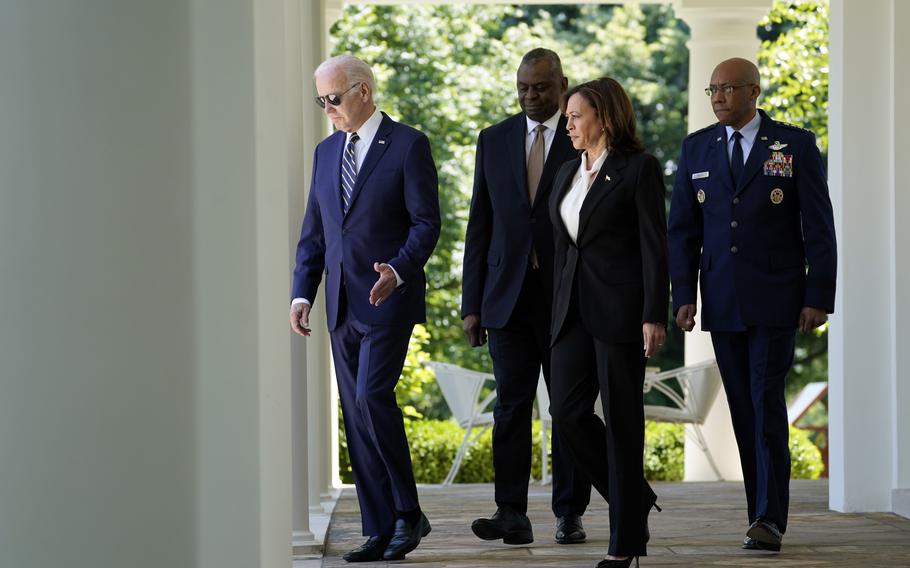 President Joe Biden arrives Thursday, May 25, 2023, in the Rose Garden of the White House with Defense Secretary Lloyd Austin, Vice President Kamala Harris and Gen. CQ Brown, Air Force chief of staff, to announce Brown’s nomination to be the next chairman of the Joint Chiefs of Staff.