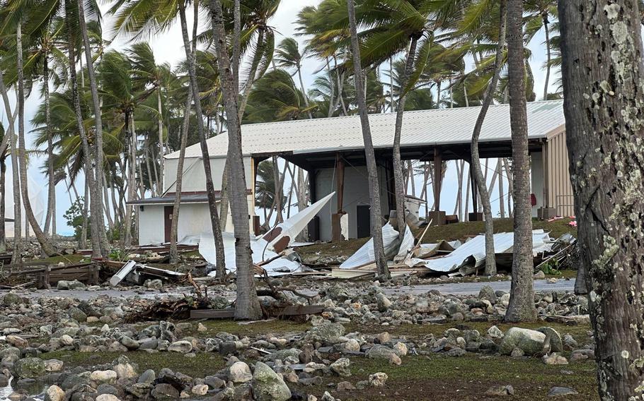 The Roi-Namur church steeple rests on the coral-strewn grounds after being damaged by high waves on Roi-Namur, Marshall Islands, on Jan. 20, 2024.