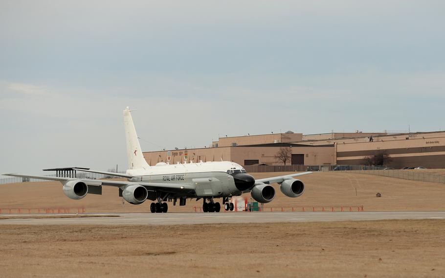A Royal Air Force RC-135 lands at Offutt Air Force Base, Neb., in 2017.