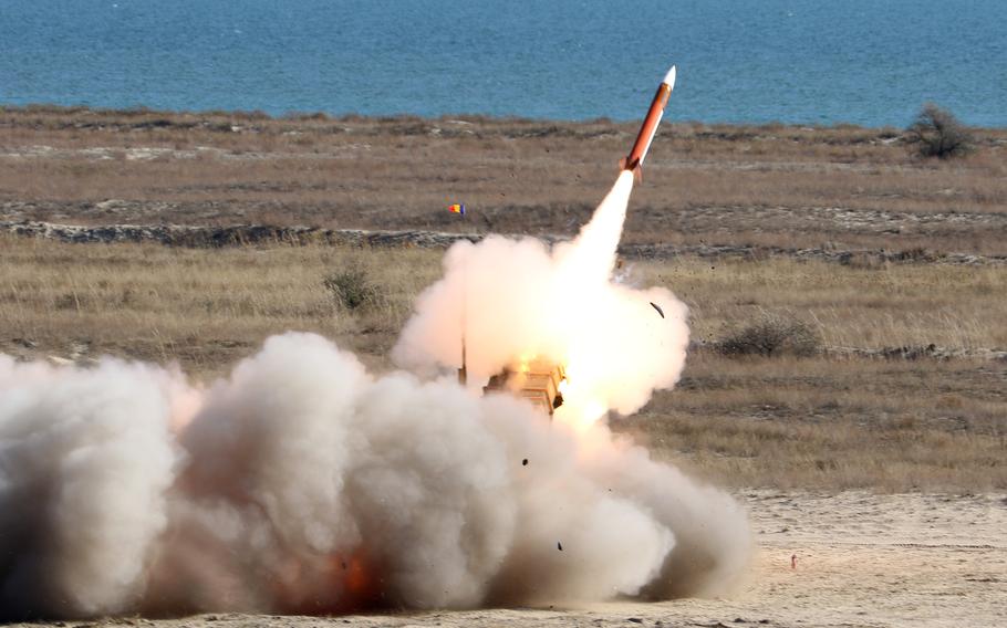 The Romanian army's 74th Patriot Regiment fires a Patriot missile at the Capu Midia range in Romania, Nov. 14, 2023. A series of launches were the country's first live-fire tests of the system, the U.S. Army said this week.