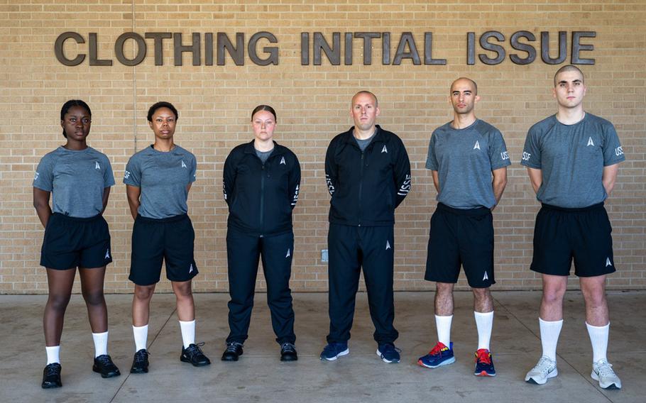 Trainees try on the Space Force’s new physical training uniforms at Joint Base San Antonio-Lackland, Texas, on March 8, 2024.