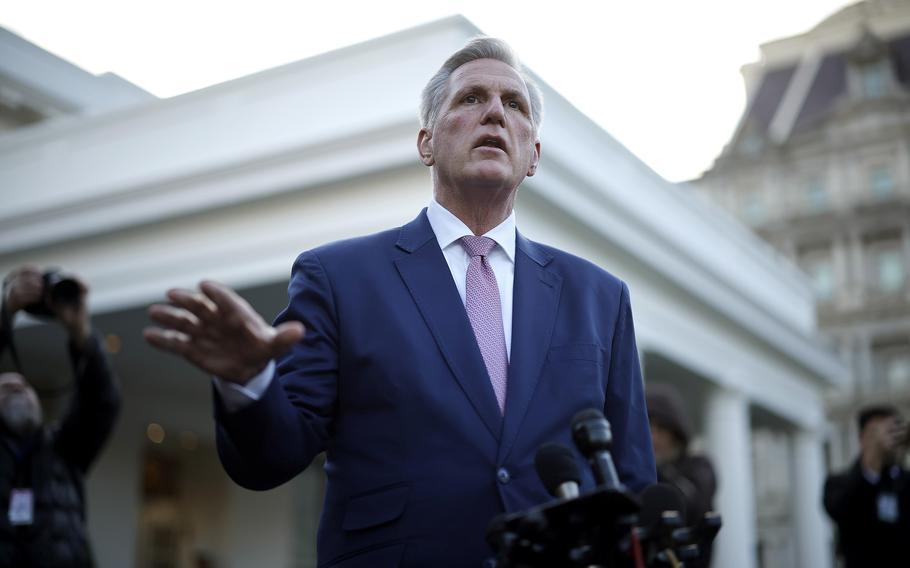 Speaker of the House Kevin McCarthy, R-Calif., talks to reporters after meeting with President Joe Biden at the White House on Wednesday, Feb. 1, 2023, in Washington, D.C.
