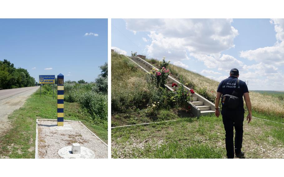 The Moldova-Ukraine border in southeastern Moldova, at left, saw a massive surge of refugees during Russia’s full-scale invasion of Ukraine. At right is an observation point near Palanca, Moldova, where border guards say they can sometimes see Russian warships in the Black Sea fire missiles into Ukraine. 