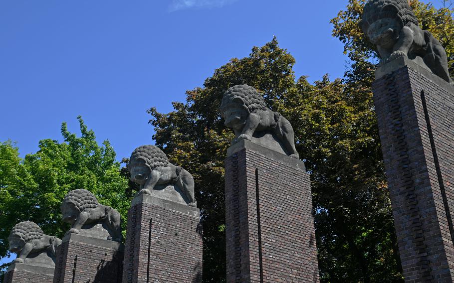 The Loewentor, or Lions Gate, the entrance to Rosenhoehe Park in Darmstadt, Germany. It was originally built for an artist colonys final exhibit in 1914 and moved to its present place in 1926.