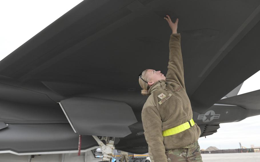U.S. Air Force Staff Sgt. Kristy Jorgensen, a tactical aircraft maintenance specialist with the Wisconsin Air National Guard’s 115th Fighter Wing, performs a preflight check of the aircraft exterior during a Weapons System Evaluation Program exercise Feb. 15, 2024, at Tyndall Air Force Base, Fla. 