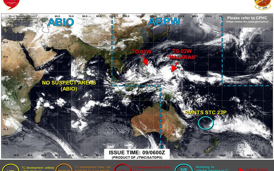 Malakas passes closest point of approach regarding Guam, Saipan, continues on northwest course over open water.