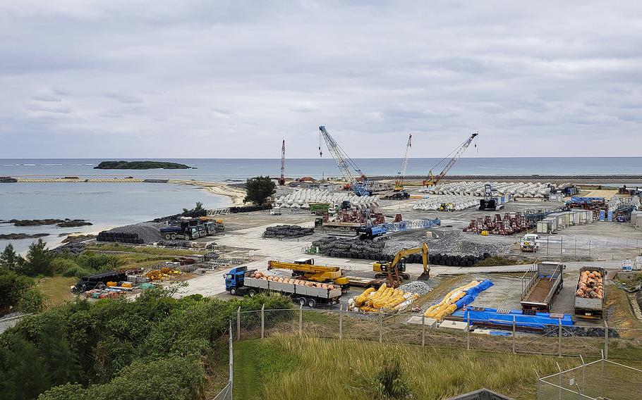 Construction work continued at the site of a new runway into Oura Bay at the Marine Corps' Camp Schwab on Jan. 19, 2019.