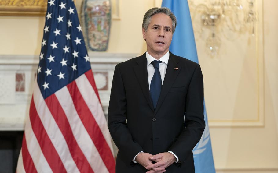Secretary of State Antony Blinken speaks in the Benjamin Franklin State Dining Room during a meeting with International Organization on Migration Director General Antonio Vitorino, at the State Department, Monday, Nov. 15, 2021, in Washington. 