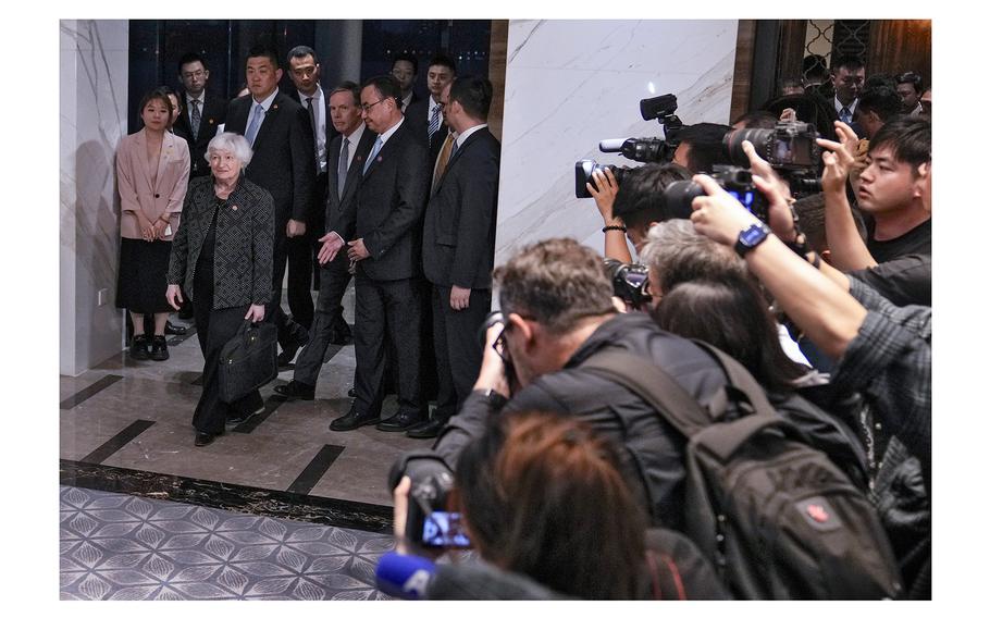 U.S. Treasury Secretary Janet Yellen arrives to a dinner host by Chinese Vice Premier He Lifeng at the White Swan Hotel in southern China’s Guangdong province, Friday, April 5, 2024.
