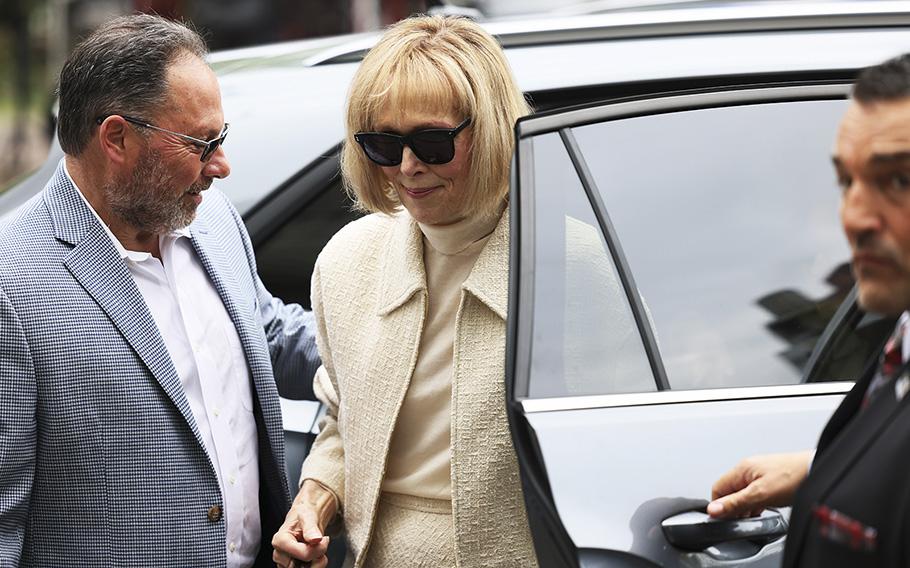 Magazine Columnist E. Jean Carroll arrives for the third day of her civil trial against former President Donald Trump at Manhattan Federal Court on April 27, 2023, in New York City. 