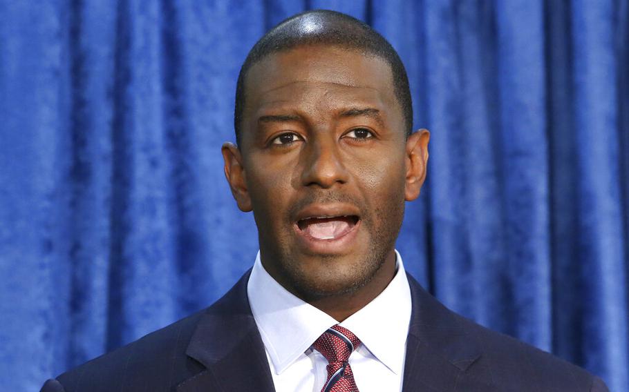 Andrew Gillum, then-Democratic candidate for governor, speaks at a briefing in Tallahassee, Fla., on Nov. 10, 2018. The U.S. attorney’s office announced on Wednesday, June 22, 2022, that Gillum is facing 21 federal charges related to a scheme to seek donations and funnel a portion of them back to him through third parties.  