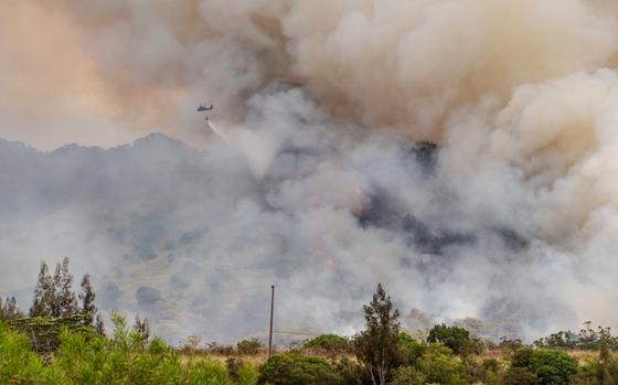 A helicopter, seen from a distance, drops water from a red bucket hanging underneath it on a fire burning a forested area as large plumes of smoke billow into the sky and obscure the view.