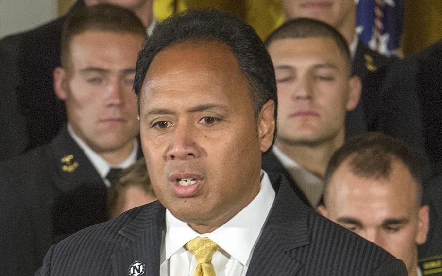 Then-Naval Academy football Head Coach Ken Niumatalolo, attends the Commander in Chief’s Trophy award ceremony at the White House in Washington, D.C., on April 27, 2016. According to reports on Friday, March 31, 2023, Niumatalolo has accepted a support staff position at UCLA, just over three months after he was fired as Navy’s football coach.