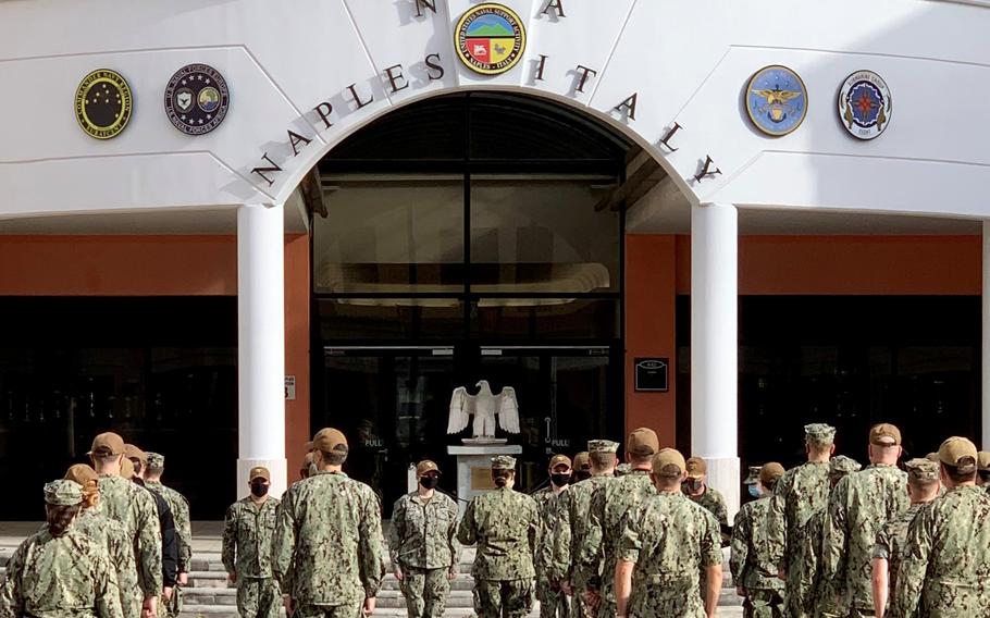Sailors gather in the courtyard of the Capodichino site at Naval Support Activity Naples in Italy in this undated photo. A man was arrested in connection with a shooting Dec. 16, 2021, at the base, which was locked down for two hours.   