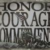 A black-and-white image of Marines raising a U.S. flag with the words “Honor, Courage, Commitment” in large letters behind it.