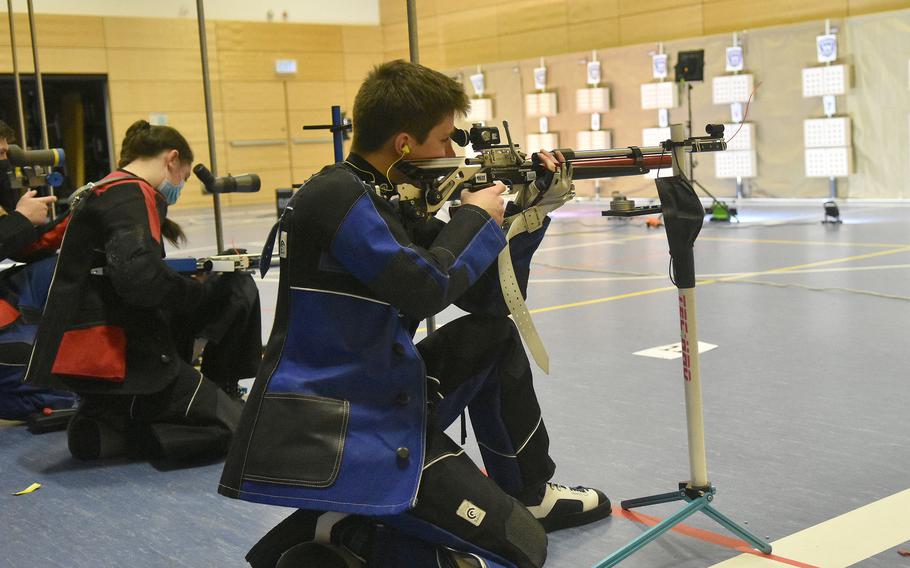 Ansbach’s Collin Robertson takes aim at a target during the DODEA-Europe marksmanship championships Saturday, Feb. 5, 2022, at Wiesbaden High School. Robertson finished 11th and is hoping for a higher finish this season.