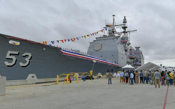 The Ticonderoga-class guided-missile cruiser USS Mobile Bay (CG 53) sits pier side during a decommissioning ceremony at Naval Base San Diego, Thursday, Aug. 10, 2023. The Mobile Bay was decommissioned after more than 36 years of service. Commissioned Feb. 21, 1987, Mobile Bay served in the U.S. Atlantic, Seventh, and U.S. Pacific Fleet and supported Operation Desert Storm.
