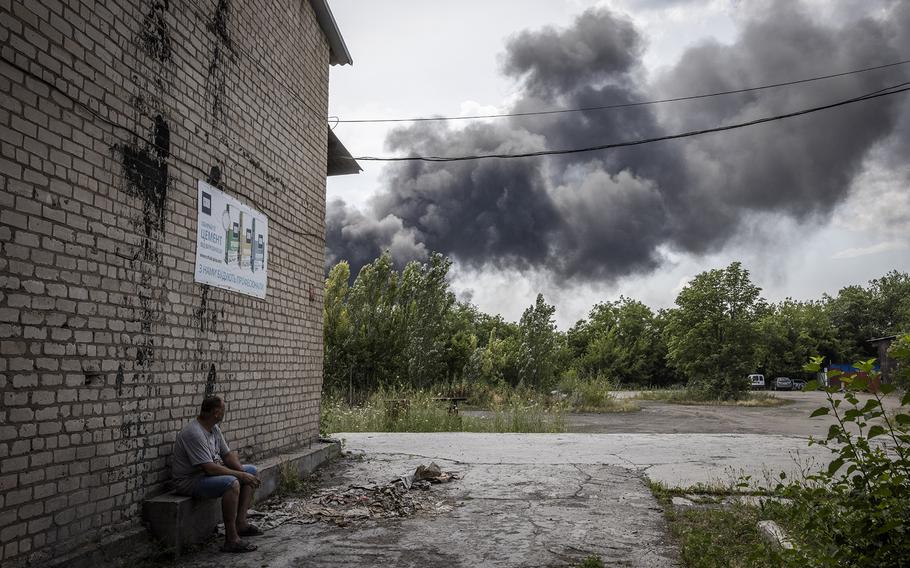 Smoke rises in an industrial area in Zaporizhzhia in southeastern Ukraine after a Russian missile strike in July, 2023.