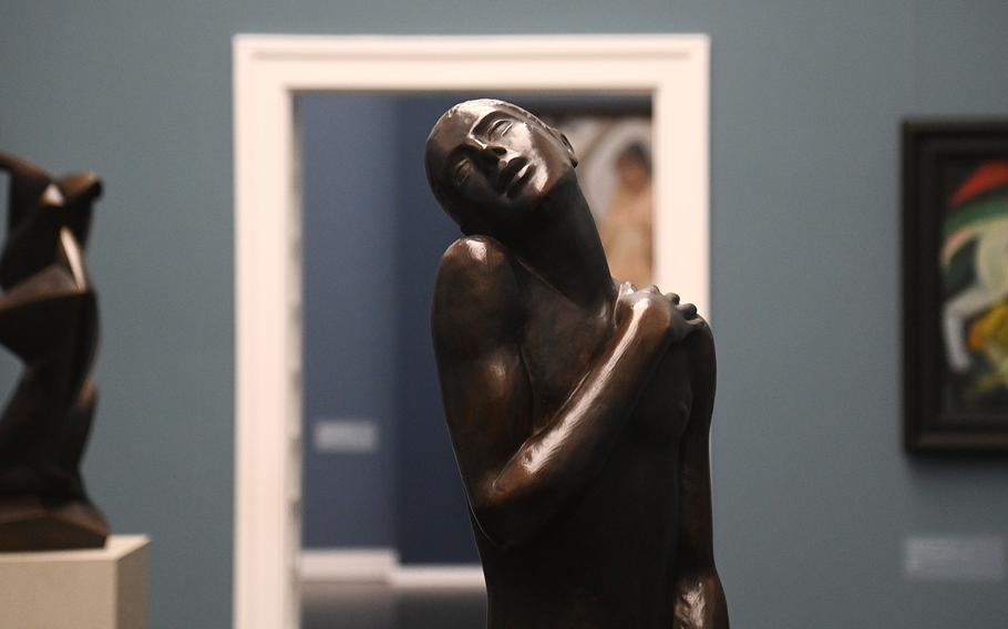 A closeup of Ernesto De Fiori’s bronze sculpture “Youth (the Sufferer)” from 1911-12, on display in the air nouveau building of the Kunsthalle Mannheim.