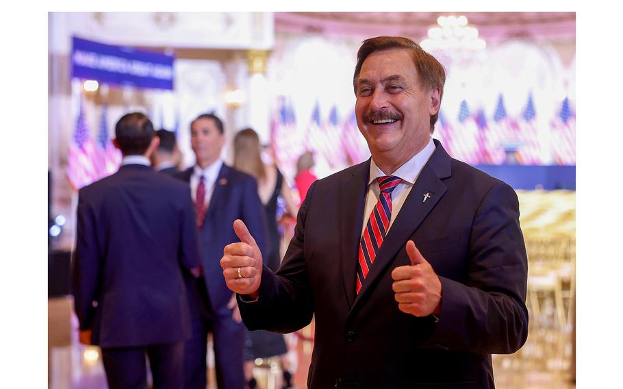 MyPillow CEO Mike Lindell speaks to the media before former President Donald Trump delivers a speech at his Mar-a-Lago home on Nov. 15, 2022, in Palm Beach, Florida. 