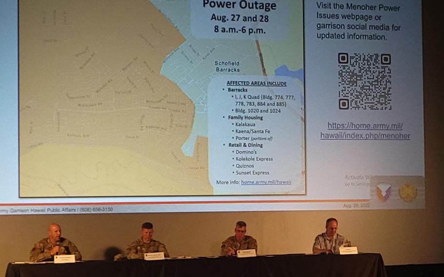 Officials from U.S. Army-Hawaii and Hawaiian Electric discuss a planned power outage at Schofield Barracks during a town hall meeting at the Hawaii base on Aug. 26, 2022.