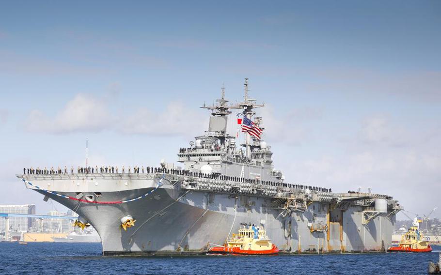 The USS Boxer arrives at Naval Base San Diego in November 2019.