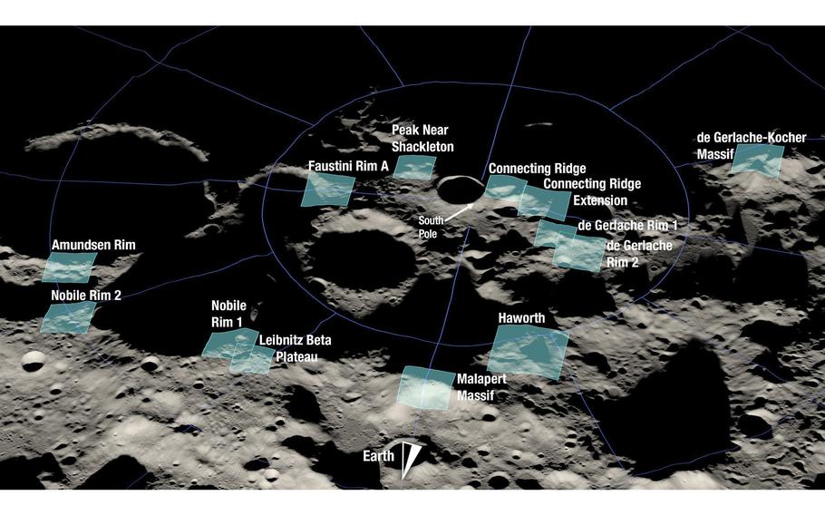 NASA identified the 13 regions at the moon’s south pole where it would like to land astronauts as part of its Artemis program.