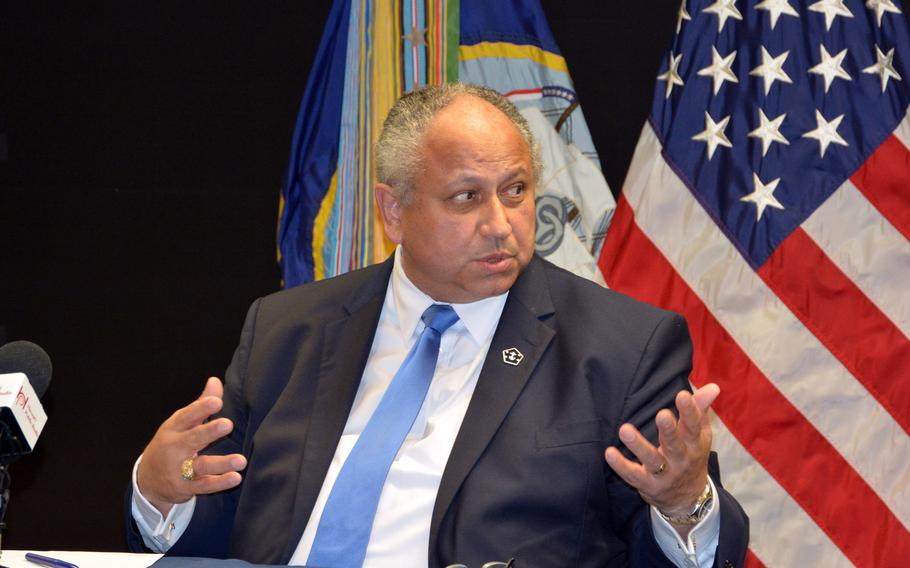 Secretary of the Navy Carlos Del Toro speaks with reporters at Joint Base Pearl Harbor-Hickam, Hawaii, Monday, Dec. 6, 2021.