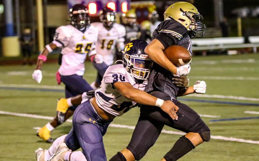 Guam High's Terrell Rasario had 10 tackles and two forced fumbles, one of which he returned for a touchdown against Tiyan.