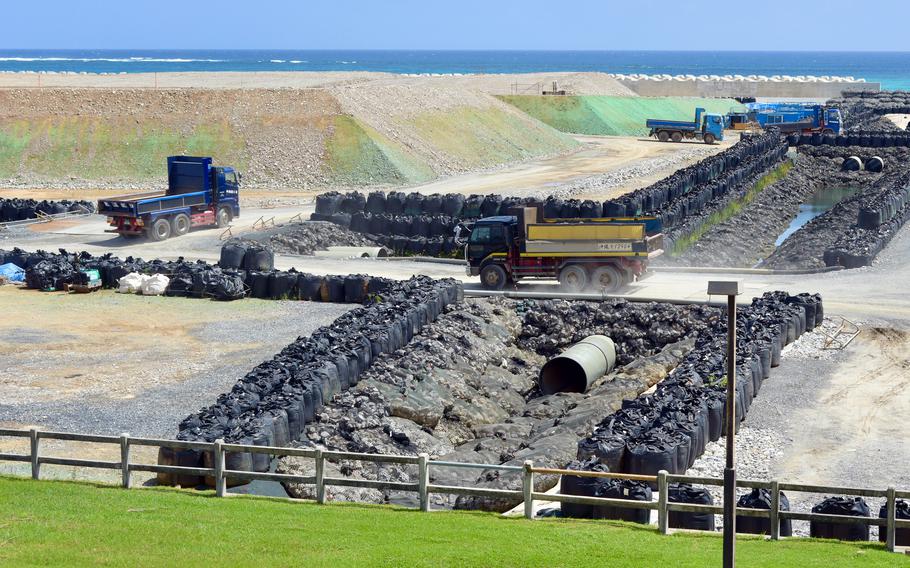 Landfill work continues for a runway at Camp Schwab, a Marine Corps base on Okinawa, Sept. 15, 2022. 