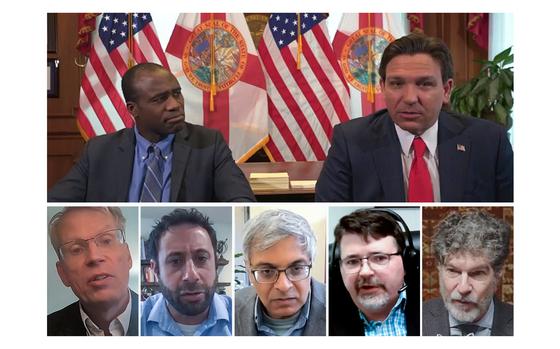 Video screen grabs show participants taking part Friday, Feb. 9, 2024, in a video teleconference round table discussion, which highlighted the first COVID grand jury report. At top from left are Florida Surgeon General Joseph Ladapo and Florida Gov. Ron DeSantis; At bottom from left are Dr. Martin Kulldorff, a Swedish biostatistician, epidemiologist and professor of medicine at Harvard Medical School; Dr. Joseph Fraiman, an emergency medicine physician in New Orleans, La.; Dr. Jay Bhattacharya, professor of medicine, economics, and health research policy at Stanford University; Dr. Steve Templeton, Associate Professor of Microbiology and Immunology at IUSM-Terre Haute. Formerly CDC/NIOSH; and Dr. Brett Weinstein, a former professor of biology at Evergreen State College.