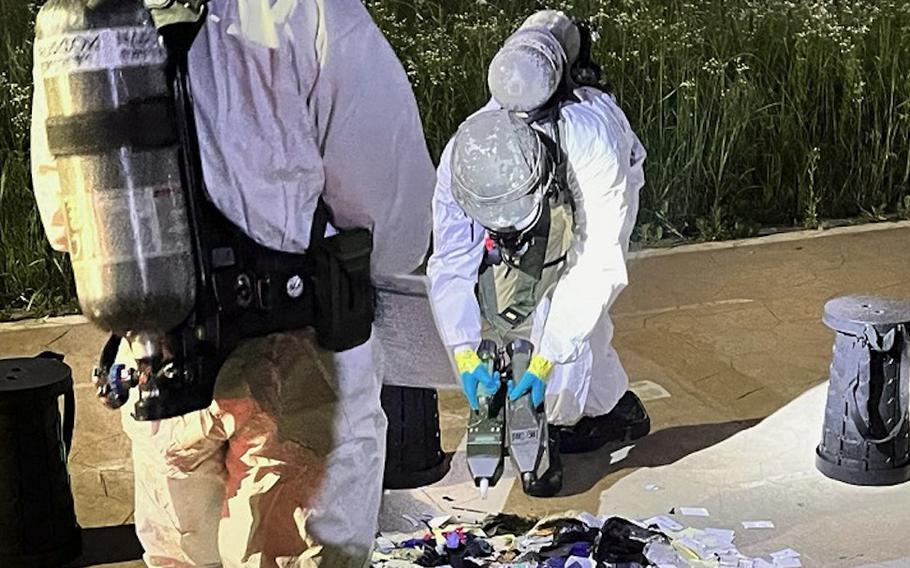South Korean troops inspect the trash carried by a balloon from North Korea to Seoul, South Korea, on  June 1, 2024.