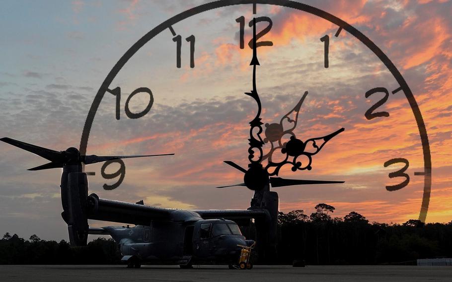 An image of a clock with an Osprey aircraft.
