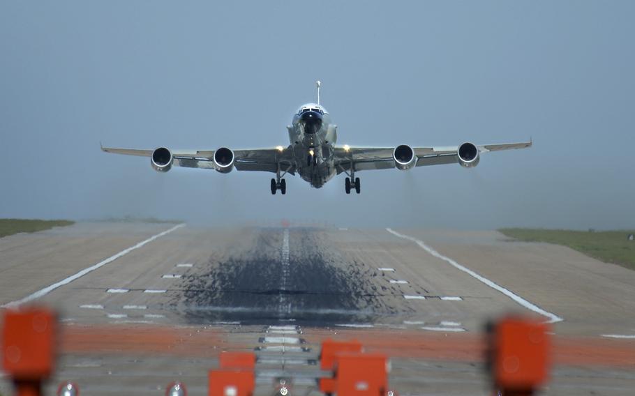 An RC-135V/W Rivet Joint aircraft leaves the runway Aug. 13, 2015, at Offutt AFB, Neb. The planes have been operating out of Lincoln, Nebraska, for the past 18 months, while a $168.9 million runway reconstruction project was underway. 