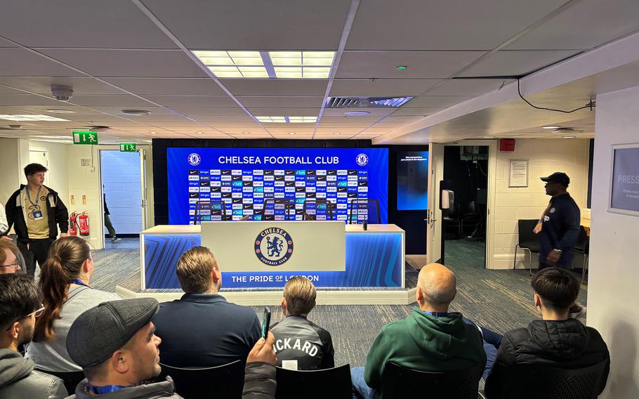 Soccer fans on the stadium tour of Stamford Bridge in London view the dais where countless managers have delivered postgame remarks on March 16, 2024.