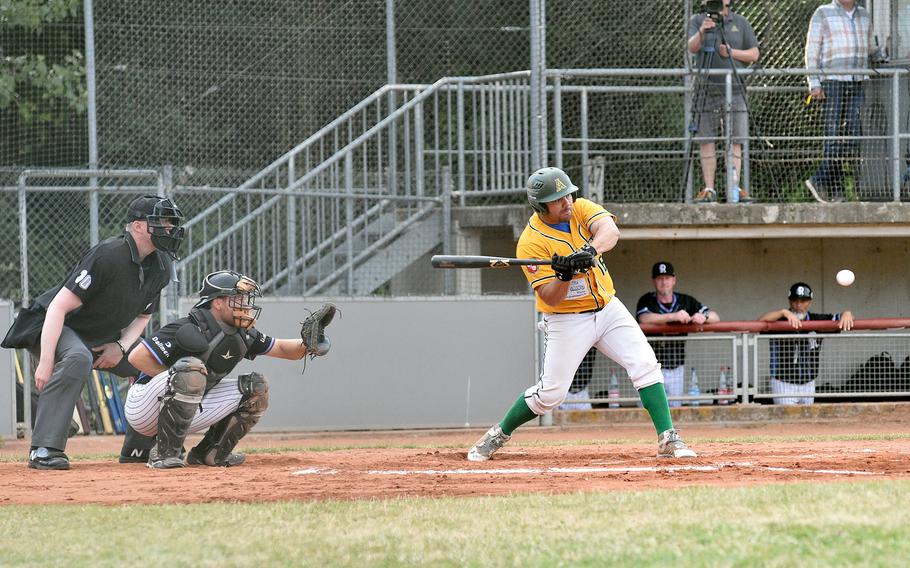 Mainz third baseman Marlon Jimenez Ramos swings during a June 16, 2023, Baseball Bundesliga game against Regensburg in Mainz, Germany. Jimenez Ramos went 2 for 5 at the plate during the Athletics’ 4-3 win.
