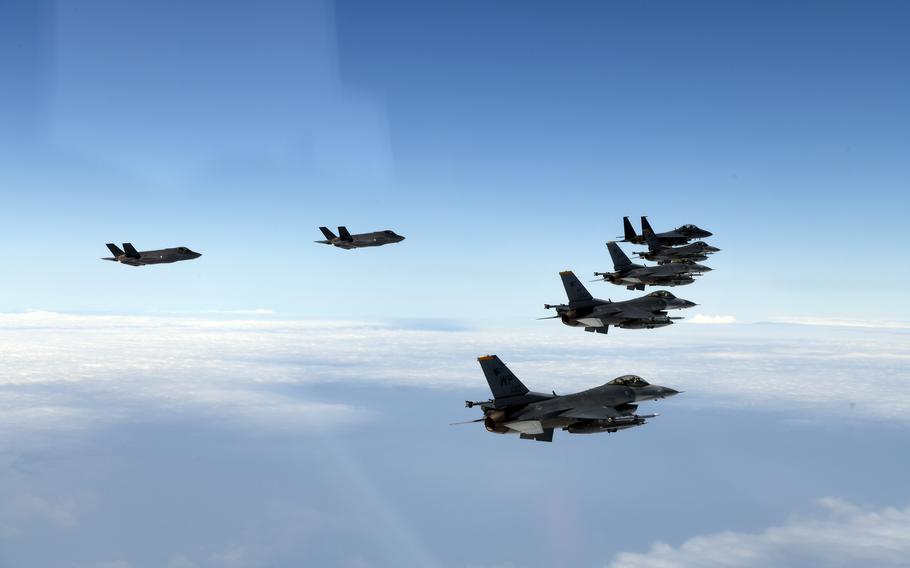 In response to North Korea's recent ballistic missile launches, U.S. and South Korean aircraft fly in formation over the Yellow Sea, Tuesday, June 7, 2022.