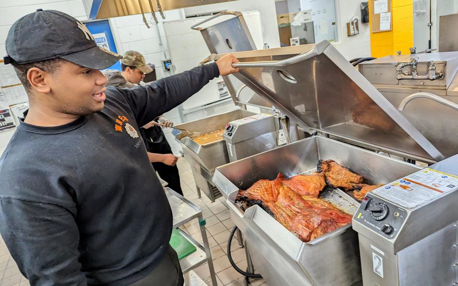 Culinary specialists in the 10th Mountain Division at Fort Drum, N.Y., prepare a Thanksgiving meal for soldiers and family members, Tuesday, Nov. 21, 2023.